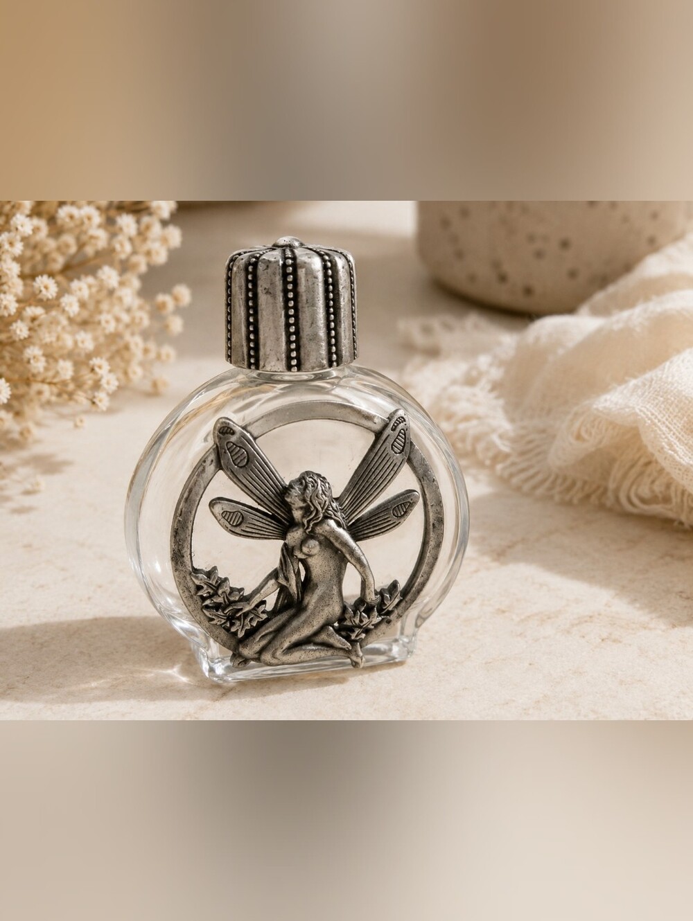 Vintage JJ Jonette Fairy Perfume Bottle | Pewter & Glass | Whimsical Décor